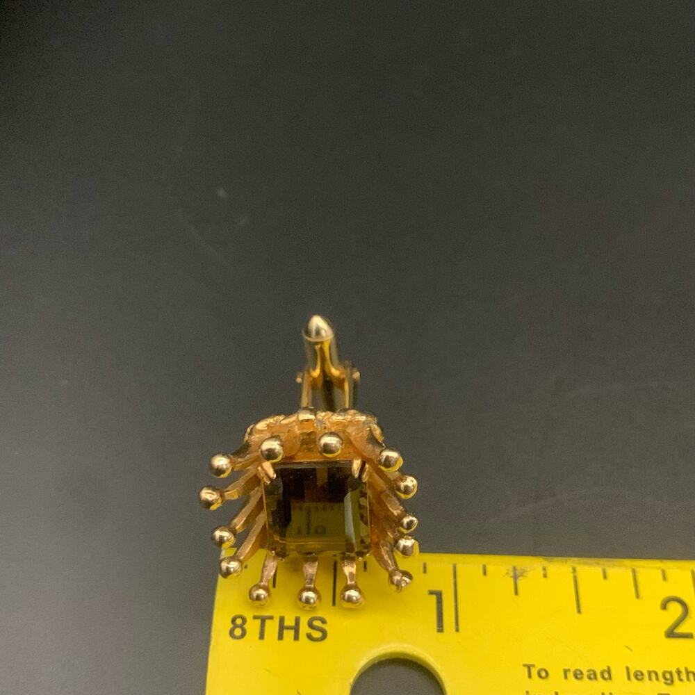 Vintage Regal Brown Emerald Cut Rhinestone Gold Tone Crown Shape Cufflinks - Picture 6 of 6